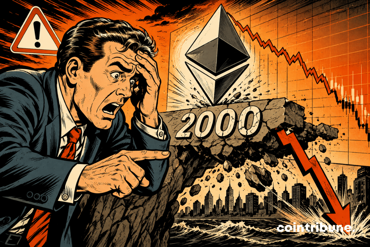 Illustration showing Ethereum under strong bearish pressure, with the $2,000 threshold breaking down as a red chart drops sharply and an investor looks worried about the fall of ether.
