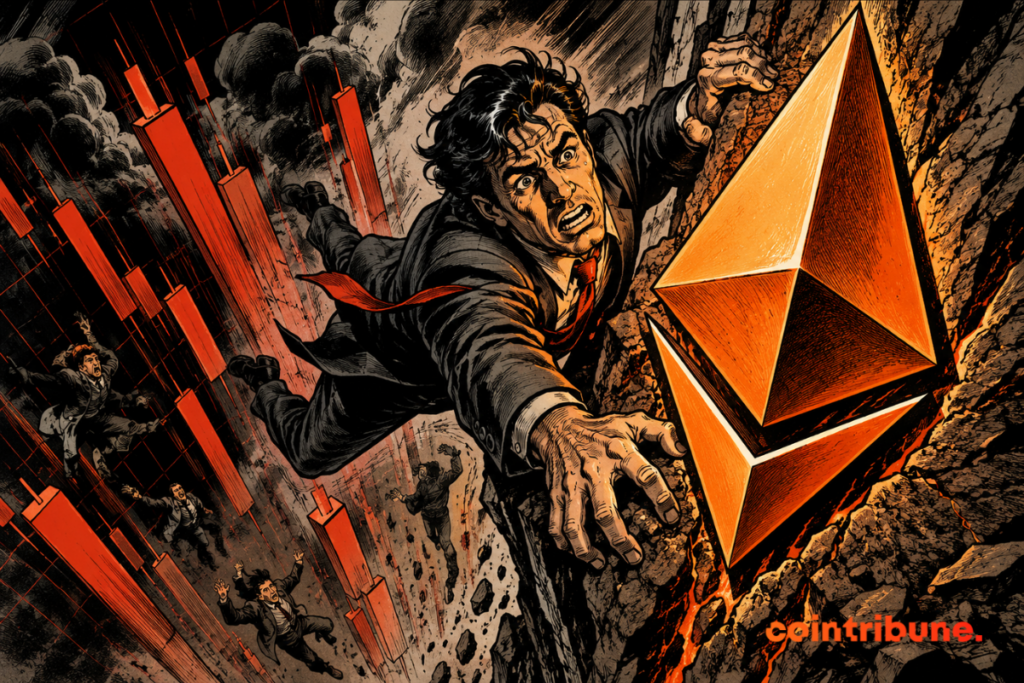 Dramatic illustration showing a man in a suit falling backward while trying to catch the Ethereum logo hanging from a rock, symbolizing volatility and the struggle to maintain the cryptocurrency’s support level. Red candlesticks plunging downward appear in the background, representing bearish pressure on the market.