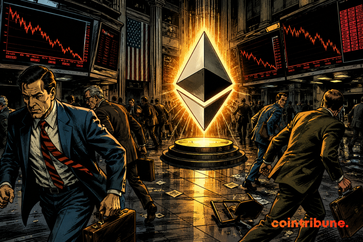 Des investisseurs paniqués fuient une salle financière tandis qu’un immense symbole Ethereum lumineux reste abandonné au milieu du chaos