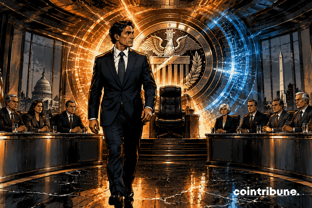 In a vast futuristic monetary decision-making hall inspired by the Fed, a figure inspired by Kevin Warsh walks toward a glowing central seat surrounded by FOMC members.