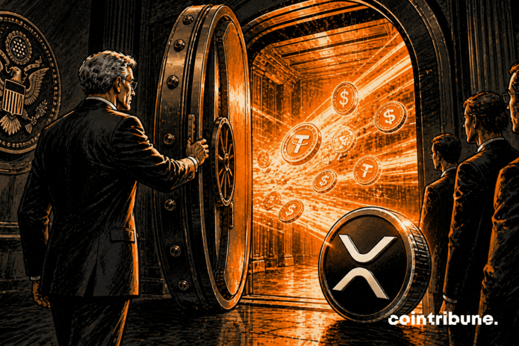 Un gouverneur de la Fed ouvre une immense porte blindée. Derrière la porte, des flux lumineux représentent les stablecoins comme le RLUSD du XRP.