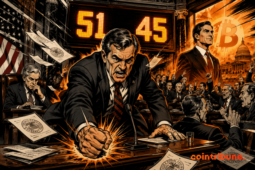 Illustration style bande dessinée d’une séance tendue au Sénat américain, avec le score 51-45, des documents de la Fed et un symbole Bitcoin en arrière-plan.