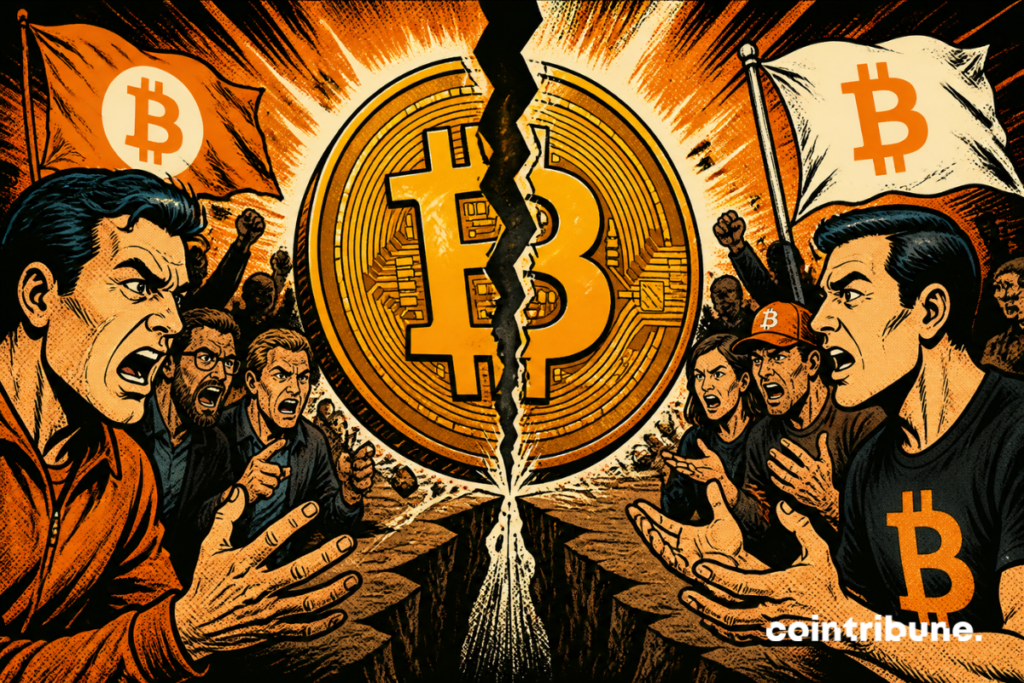 Illustration of a Bitcoin hard fork: a cracked BTC coin splits two opposing camps within the community, each waving a flag bearing the Bitcoin logo.