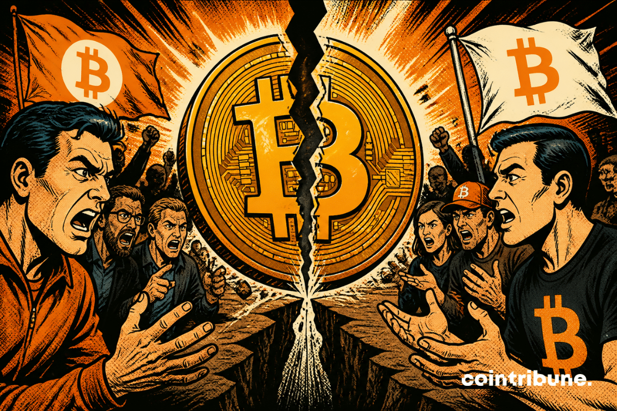 Illustration of a Bitcoin hard fork: a cracked BTC coin splits two opposing camps within the community, each waving a flag bearing the Bitcoin logo.