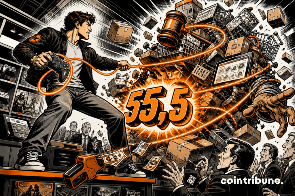 a man pulling an orange lasso around a pile of packages, shopping carts, and a GameStop auction gavel.