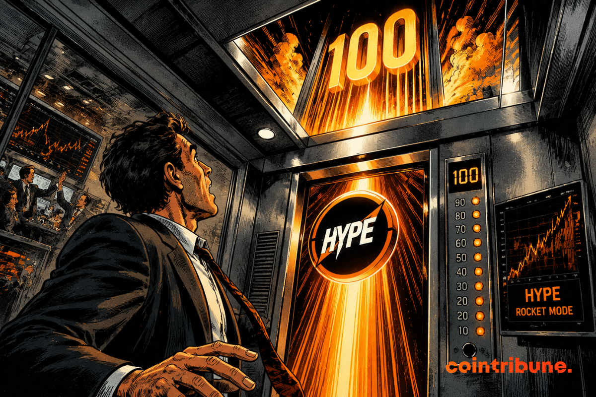 A stunned trader watches as HYPE skyrockets toward $100 amid an explosive atmosphere of euphoria and intensity in the financial markets.