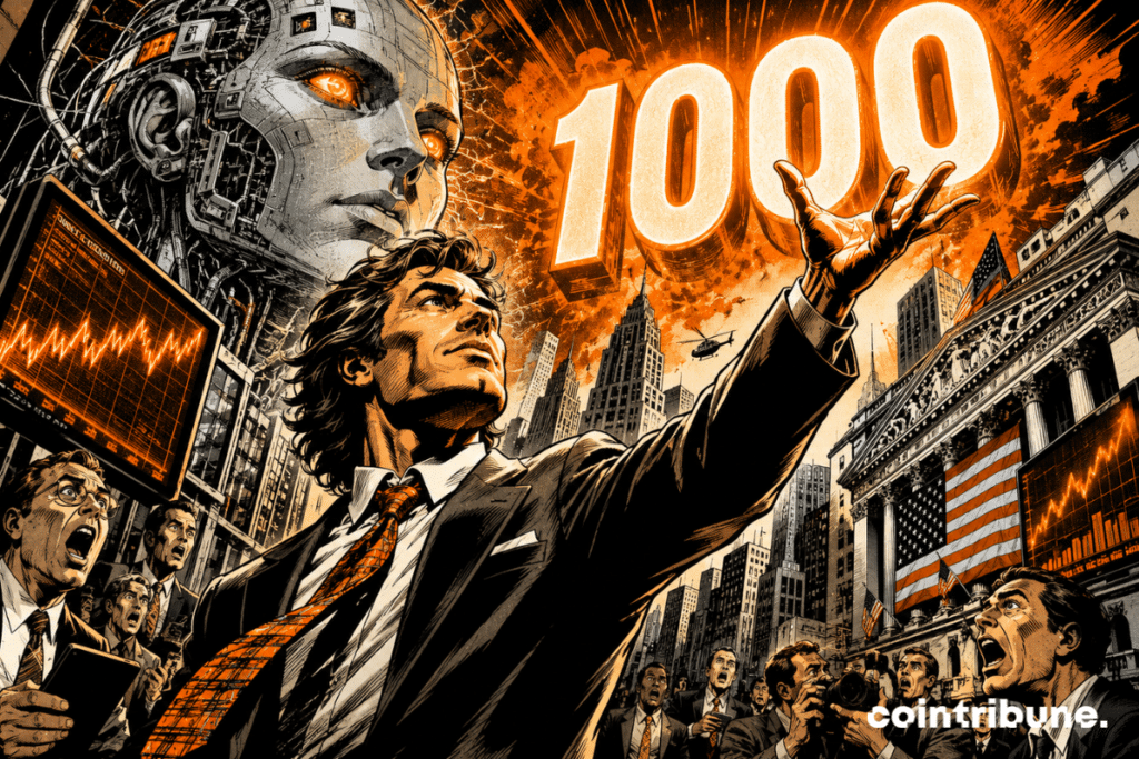 Ilustración estilo cómic retro que muestra a un dirigente tecnológico frente a un enorme rostro de IA y el número luminoso “1000” sobre Wall Street.