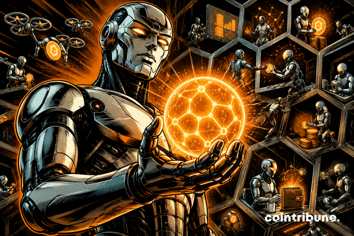 Comic-style illustration showing an AI agent holding an orange crypto sphere, surrounded by a digital hive of active robots.