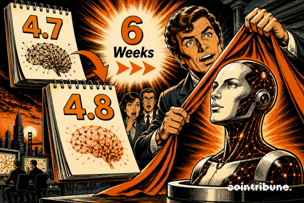 Illustration d’Anthropic dévoilant Opus 4.8 après Opus 4.7, avec un robot IA, des calendriers 4.7 et 4.8 et la mention six weeks.