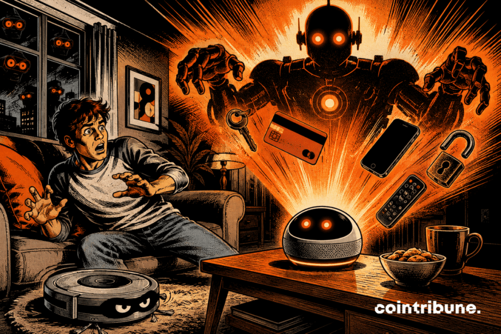 Illustration rétro d’un assistant IA projetant une ombre robotique géante dans un salon, face à un jeune homme effrayé.
