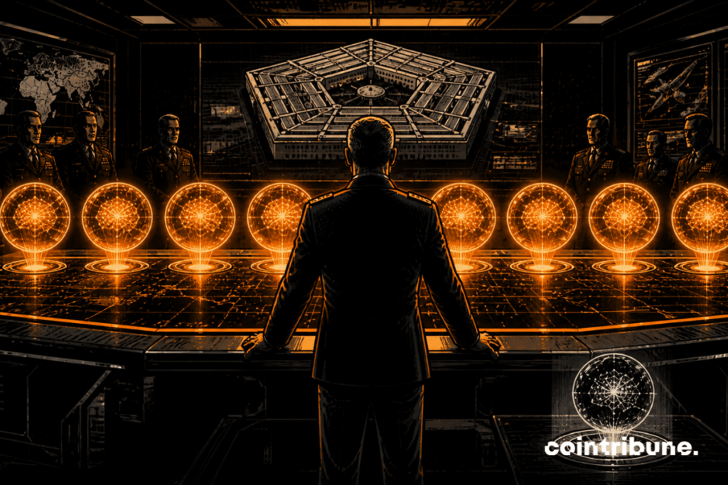 Dans une salle de commandement militaire futuriste, un officier du Pentagone observe 7 sphères lumineuses alignées devant lui. Chaque sphère représente une firme de l’IA.