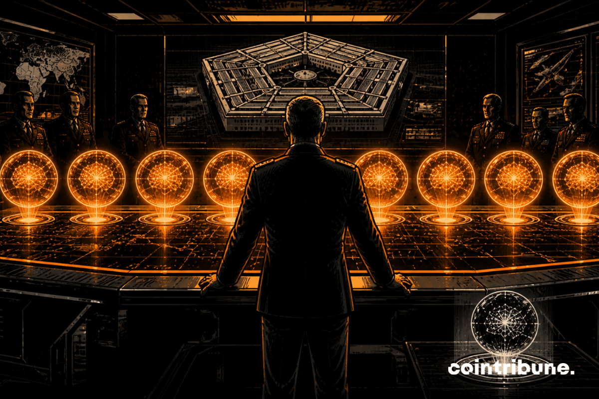 Dans une salle de commandement militaire futuriste, un officier du Pentagone observe 7 sphères lumineuses alignées devant lui. Chaque sphère représente une firme de l’IA.