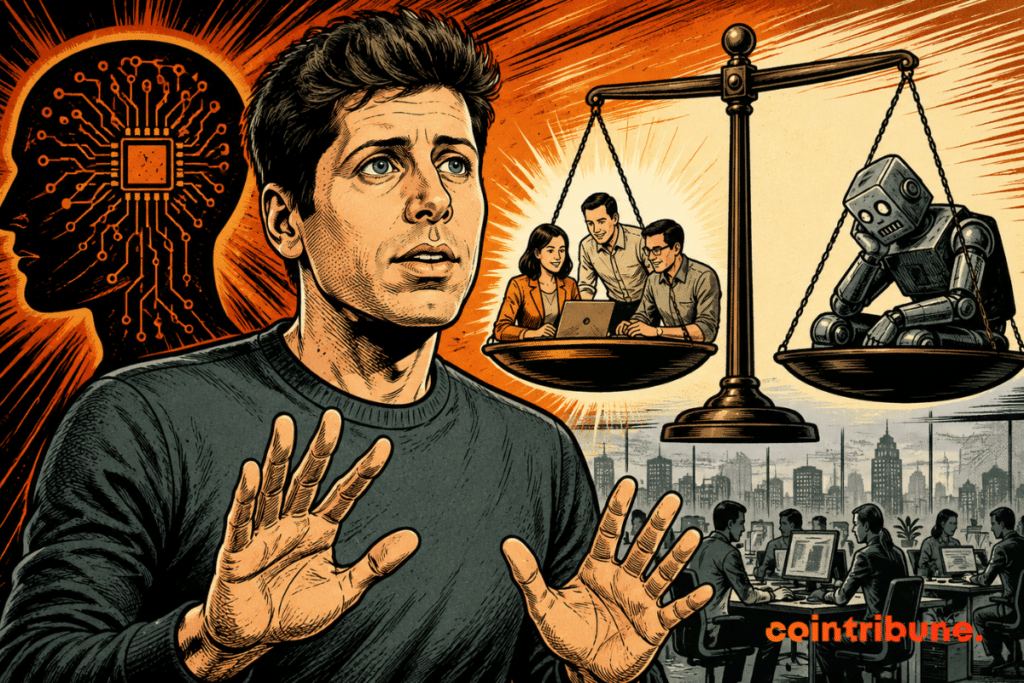 Illustration of Sam Altman facing AI, with a balance comparing human employees and a robot, symbolizing AI's impact on employment and productivity
