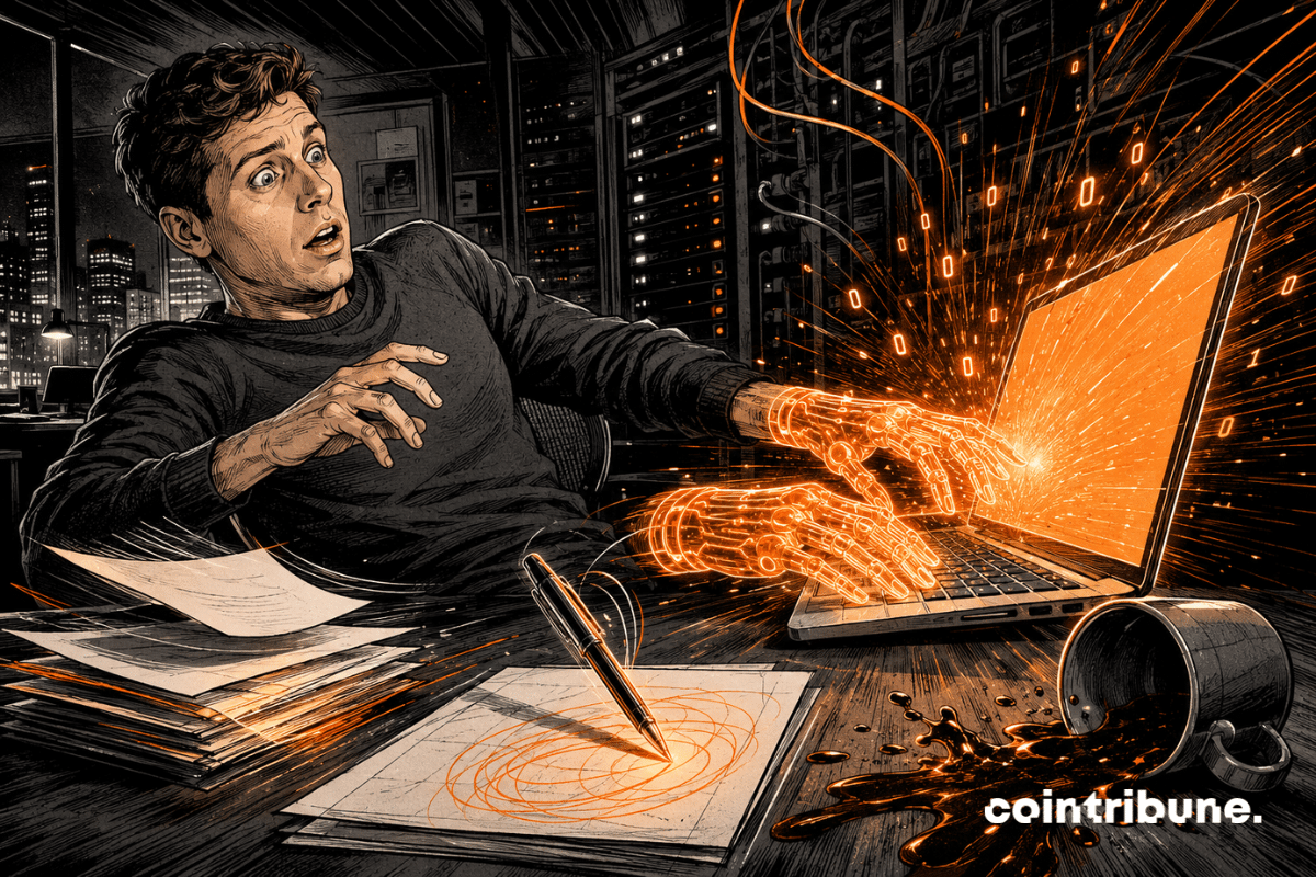 Illustration showing Sam Altman surprised in front of AI.