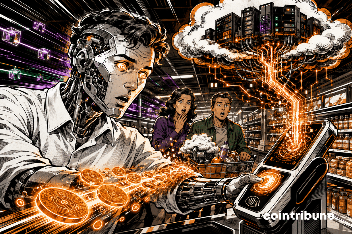 An AI agent making a crypto payment in stablecoins in a futuristic supermarket, under a cloud of servers.