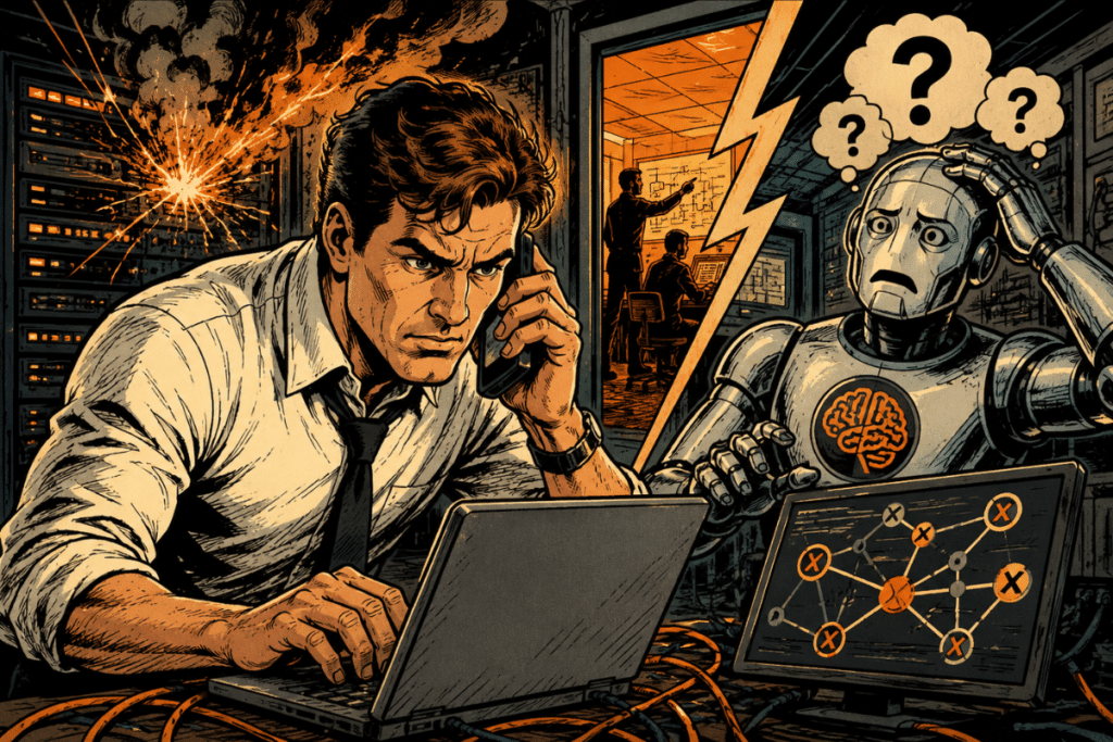Illustration showing an IT engineer urgently handling a server outage while a robot symbolizing AI appears confused in front of network anomaly charts.