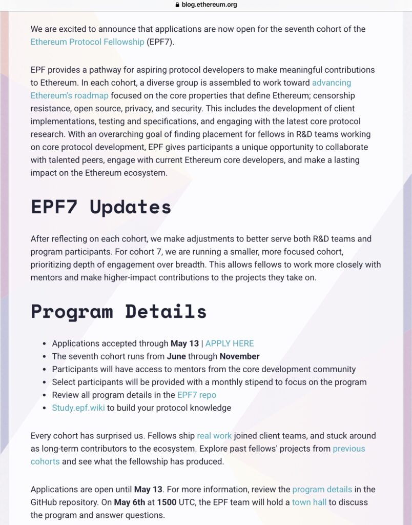 following a period of budget constraints, the Ethereum Foundation is relaunching its Ethereum Protocol Fellowship (EPF7) program. Target? Recruit talented developers to strengthen the protocol. With 18 grants awarded in Q1 2026, the foundation demonstrates its desire to maintain its leadership in technology.