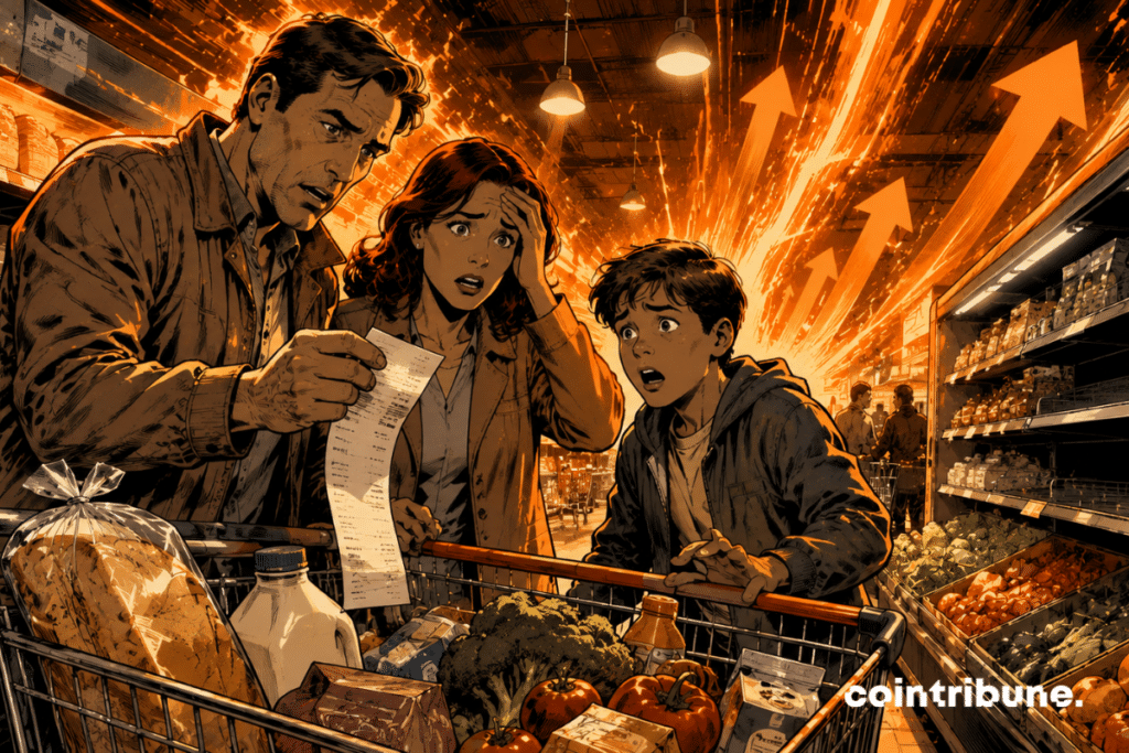 Inside an American supermarket, a family looks worriedly at a receipt. An intense orange heat spreads across the products and abstract prices, symbolizing the return of inflation.