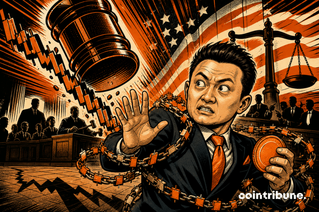 Um empreendedor cripto surpreso, cercado por gráficos de mercado, diante de um enorme martelo de juiz em um tribunal americano.