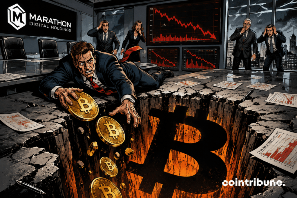 Un dirigeant paniqué tente de sauver des bitcoins tombant dans un gouffre géant tandis que son entreprise sombre financièrement brutalement
