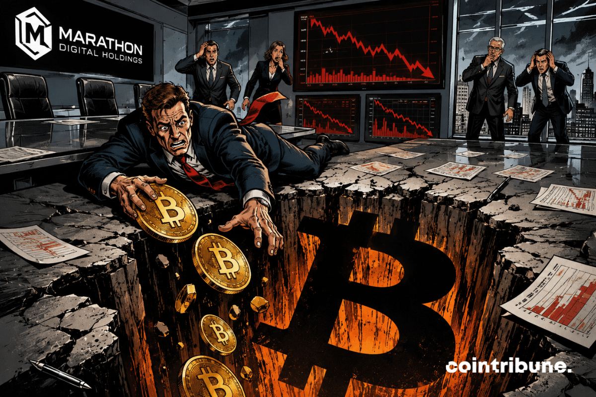 Un dirigeant paniqué tente de sauver des bitcoins tombant dans un gouffre géant tandis que son entreprise sombre financièrement brutalement