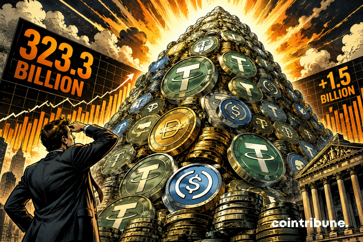 An analyst gazes at a massive mountain of stablecoins towering over the city, a spectacular symbol of historic and massive financial growth.