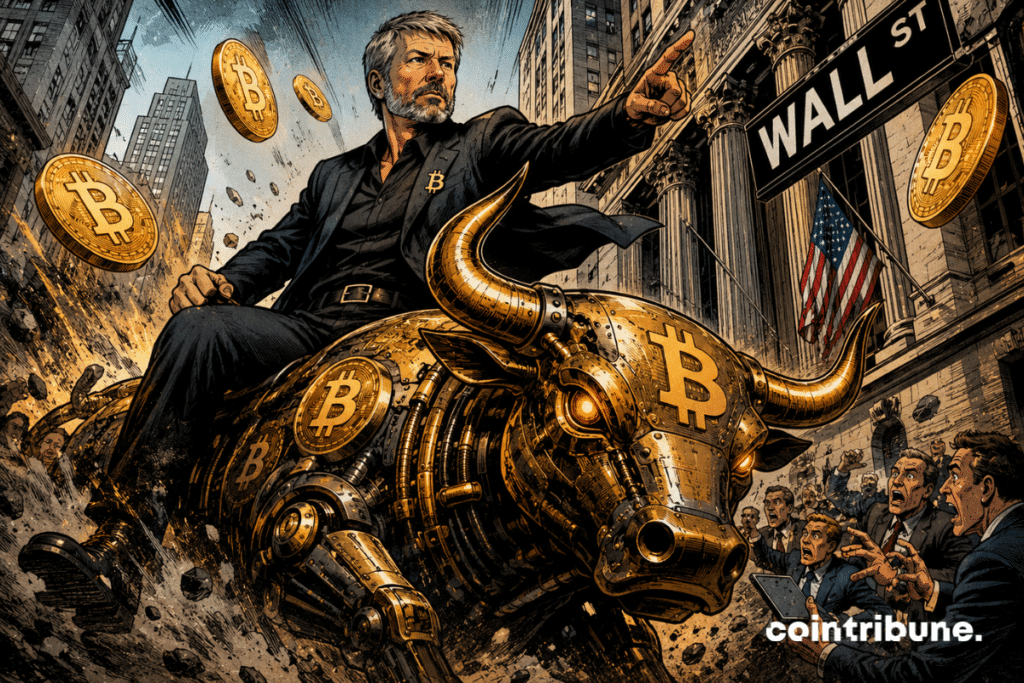 Un homme domine Wall Street sur un taureau mécanique Bitcoin géant, tandis que traders paniqués observent une charge financière spectaculaire