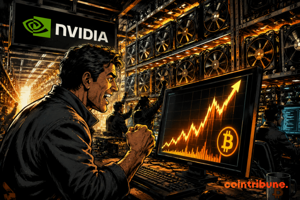 Des mineurs Bitcoin célèbrent une envolée spectaculaire alimentée par l’intelligence artificielle, entourés de serveurs brûlants et d’écrans explosifs lumineux