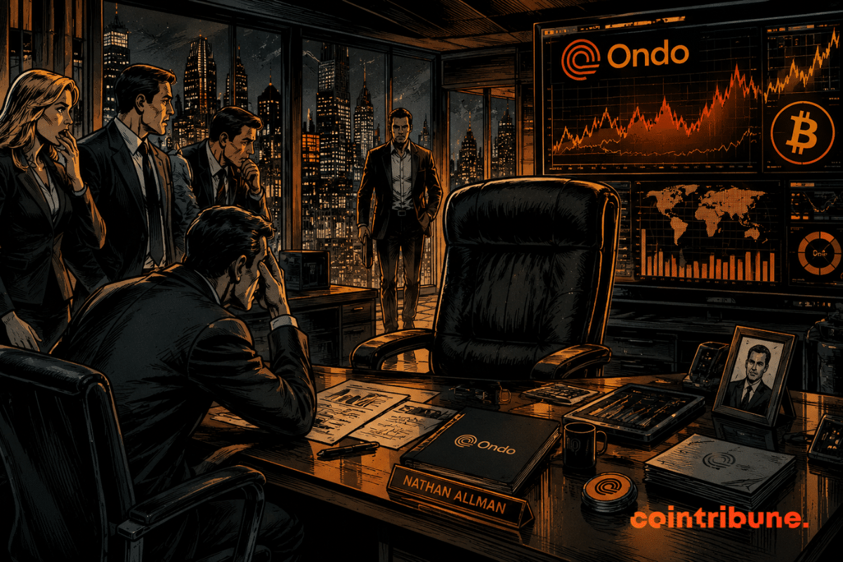 Des dirigeants observent le fauteuil vide du fondateur d’Ondo tandis qu’un successeur silencieux entre dans un bureau sous tension nocturne