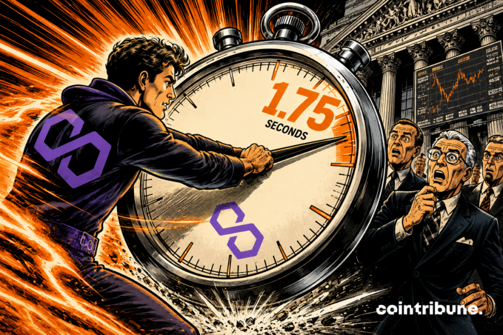Un héros pousse un immense chronomètre Polygon sous les regards stupéfaits de financiers, symbolisant l’accélération brutale des infrastructures blockchain modernes