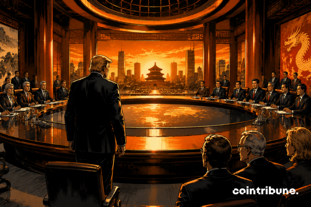Dans une immense salle diplomatique futuriste à Pékin, un dirigeant américain avance vers une table imposante dominée par des représentants chinois. La grande table circulaire sépare les blocs de pouvoir de Xi et Trump.