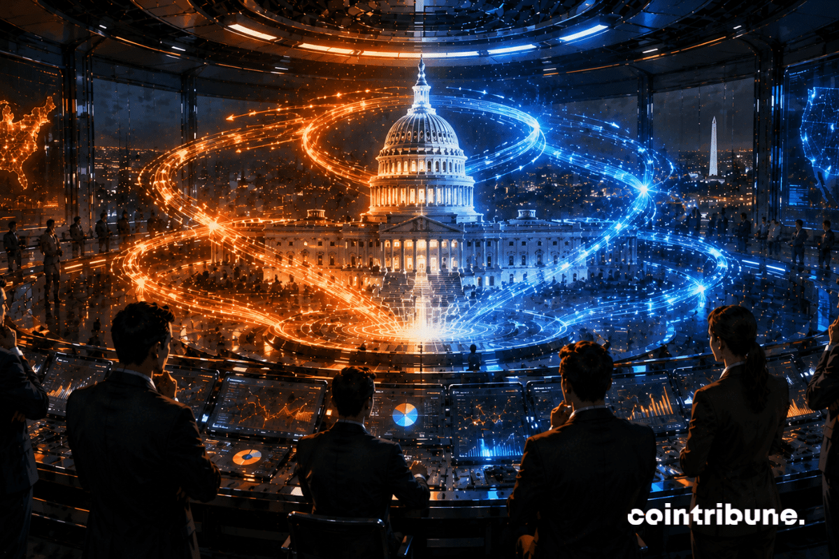 In a vast futuristic prediction market trading floor, analysts and traders watch glowing political data streams shift in real time, symbolizing bets placed on Polymarket and Kalshi.