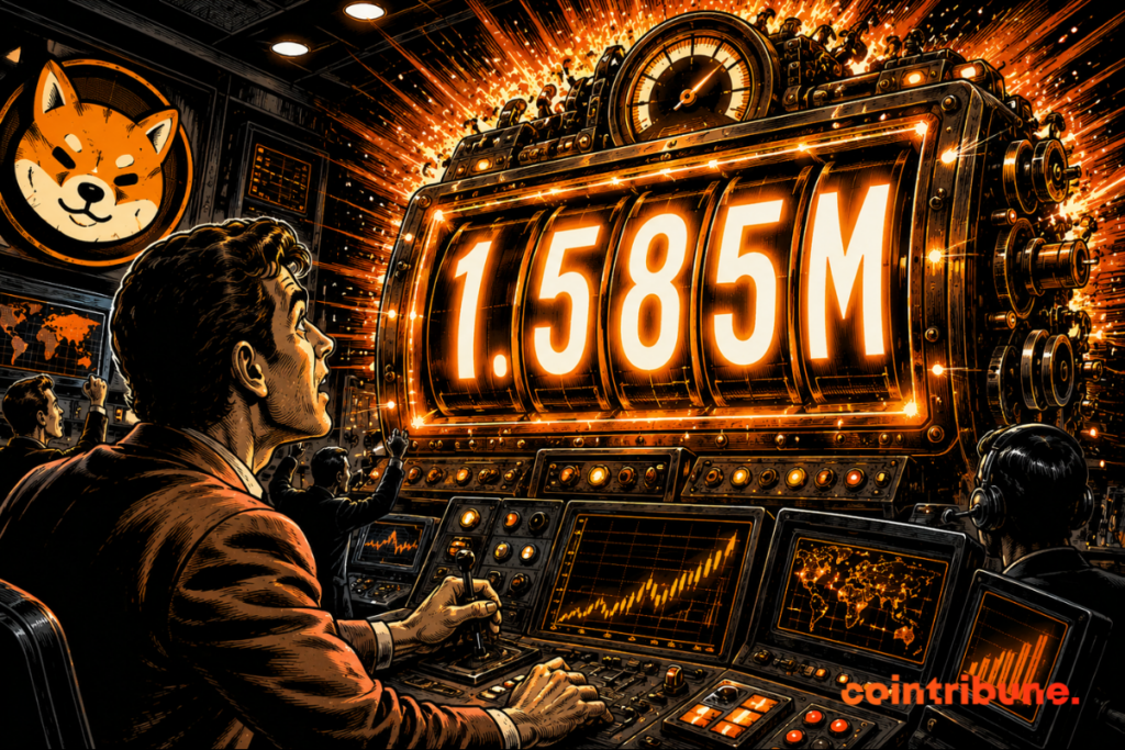 Illustration of the SHIB memecoin with a counter showing 1.585M wallets in a crypto control room.