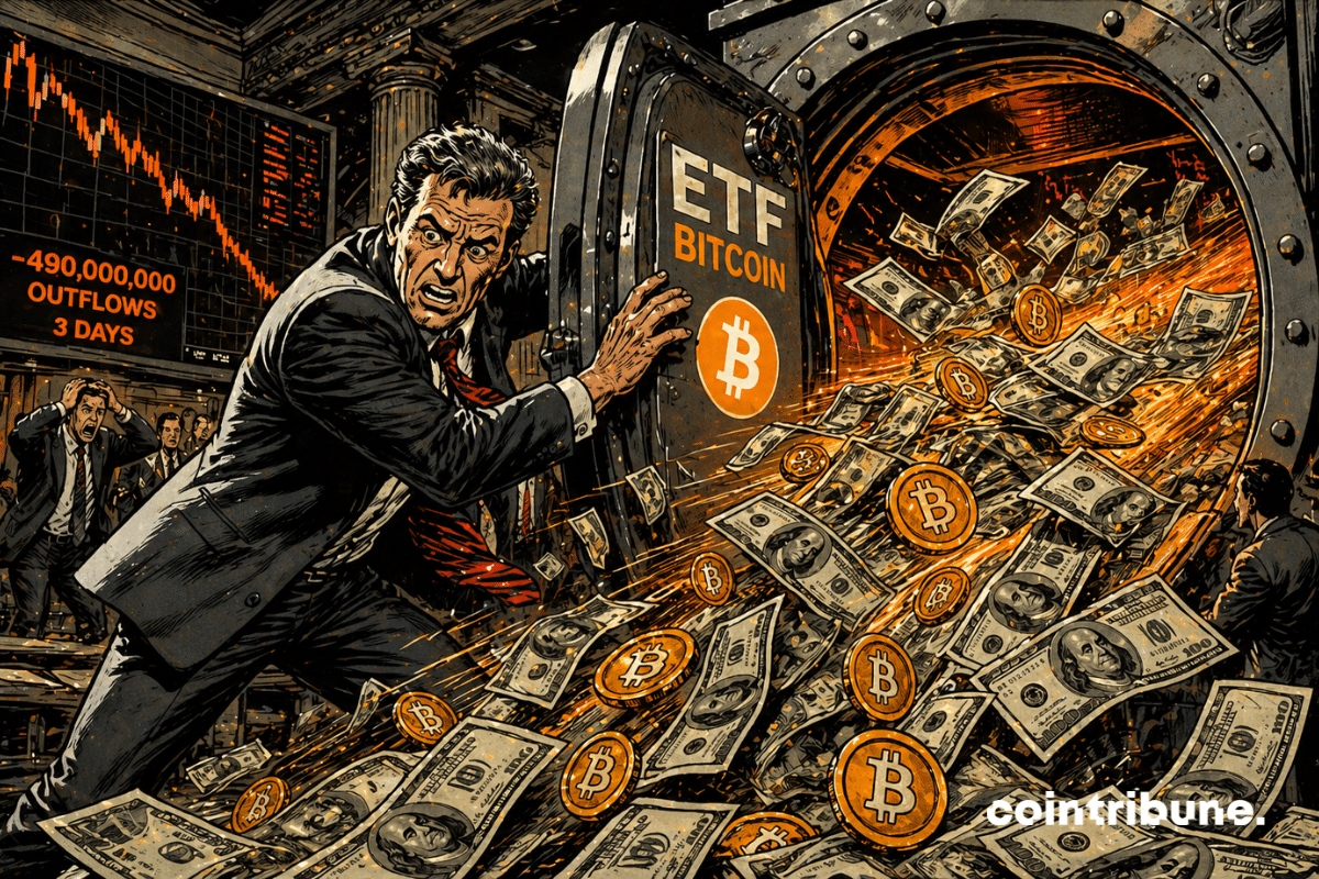 Un gestionnaire paniqué tente de fermer un coffre ouvert, tandis qu’un flot massif d’argent et de bitcoins s’échappe violemment partout