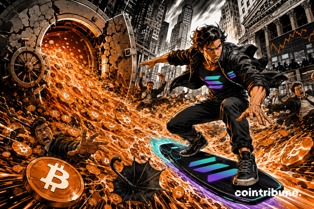 Illustration façon comics montrant un personnage sur une planche Solana remontant un torrent de pièces Bitcoin sortant d’un coffre-fort fissuré.