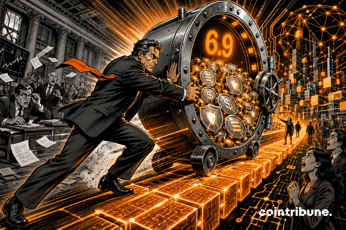 A financier pushes a stablecoin vault along an orange blockchain road.