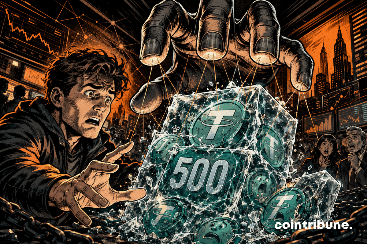 A panicked investor sees crypto tokens frozen in ice, manipulated by a giant hand.
