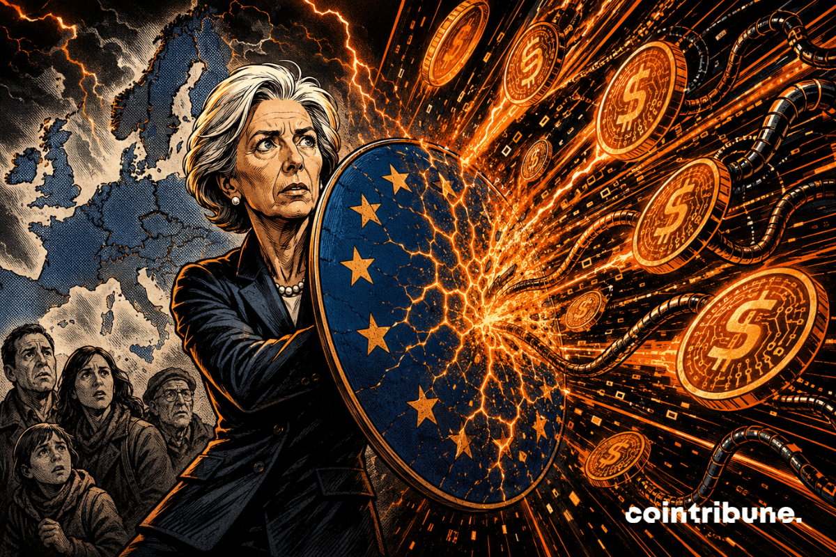 A European leader raises a cracked shield against a wave of stablecoins.