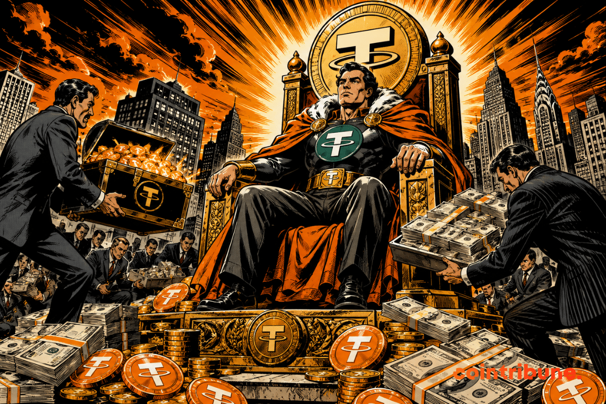 Illustration showing USDT at the center of a highly active stablecoins market, surrounded by capital, digital coins, and financial players.
