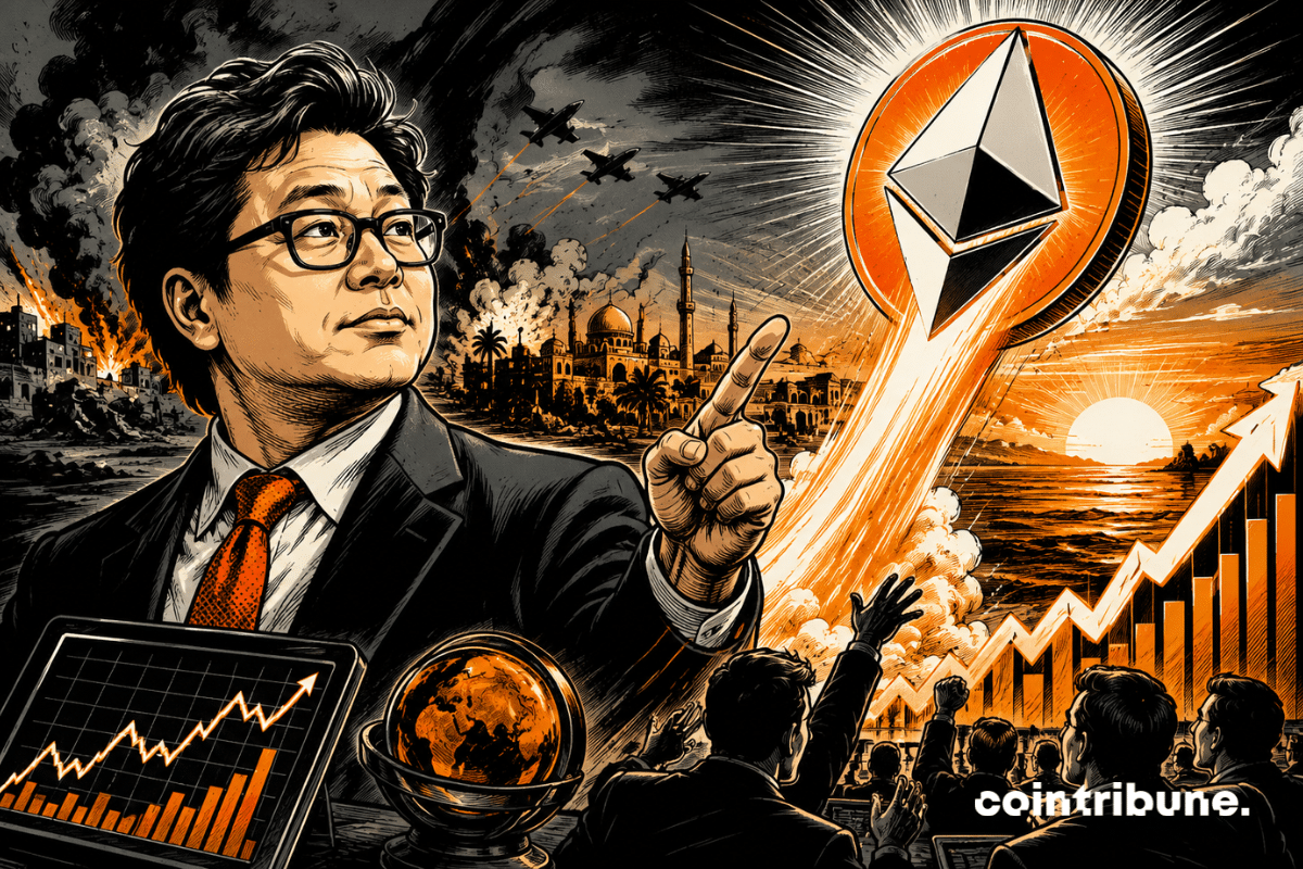 Comic-style illustration of an analyst pointing toward a glowing, rising Ethereum, set against an optimistic market backdrop and a conflict-ridden sky beginning to clear.
