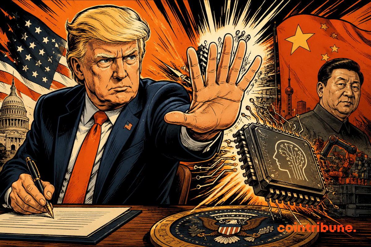 Illustration showing Trump signing a decree while raising his hand to block an electronic chip, with the American flag and Chinese President Xi Jinping in the background, symbolizing the strategic competition in artificial intelligence between the United States and China.