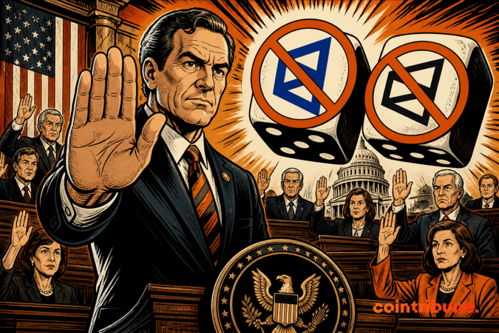 Illustration of the U.S. Senate banning bets on Kalshi and Polymarket, with lawmakers raising their hands in front of crossed-out dice.