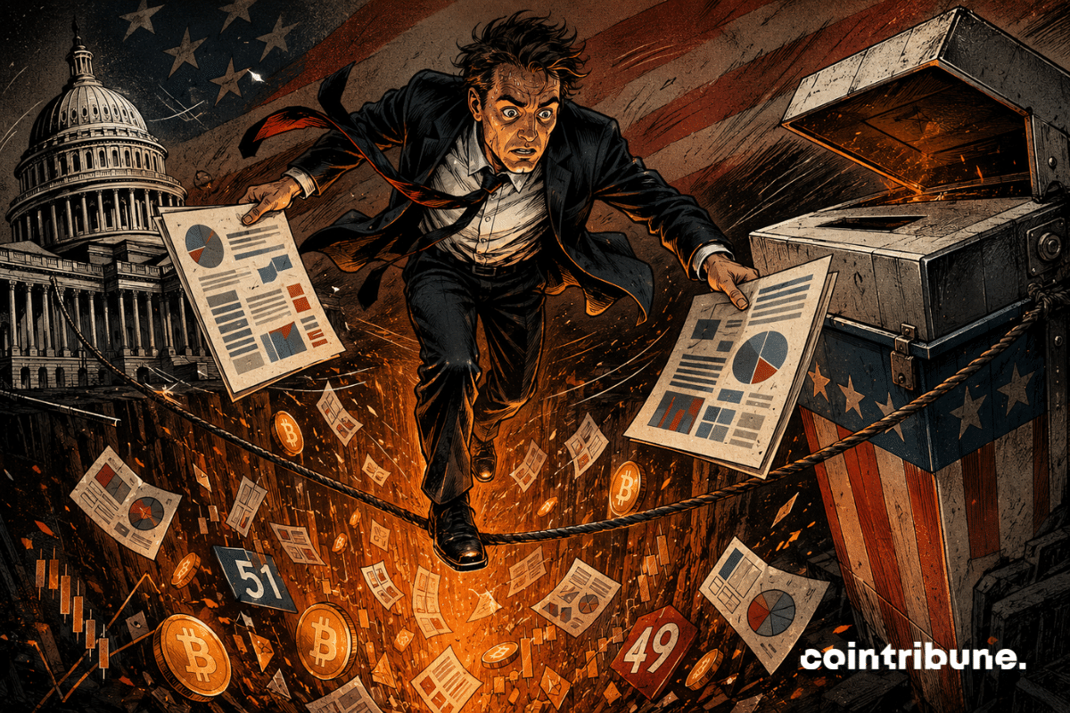 Un homme en costume marche sur un fil au-dessus d’un gouffre orange rempli de crypto et de bulletins, entre le Capitole et une urne électorale.