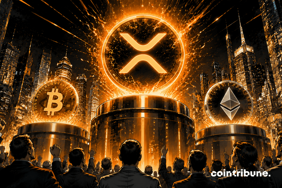 Sur un podium futuriste géant, des traders et analystes lèvent les yeux vers la scène. Le XRP est au sommet du podium lumineux tandis que le Bitcoin et Ethereum restent plus bas.