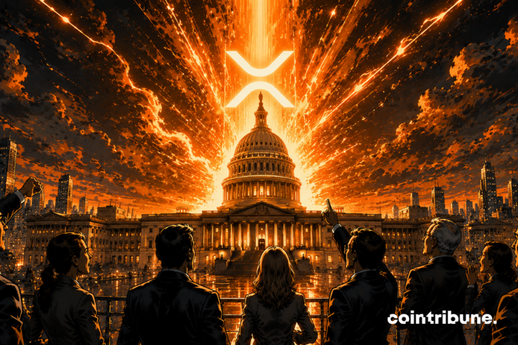 In the American Capitol, investors and analysts watch an immense XRP energy burst out of the building. This luminous column explodes into the sky.