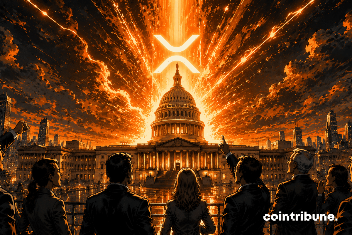 In the American Capitol, investors and analysts watch an immense XRP energy burst out of the building. This luminous column explodes into the sky.