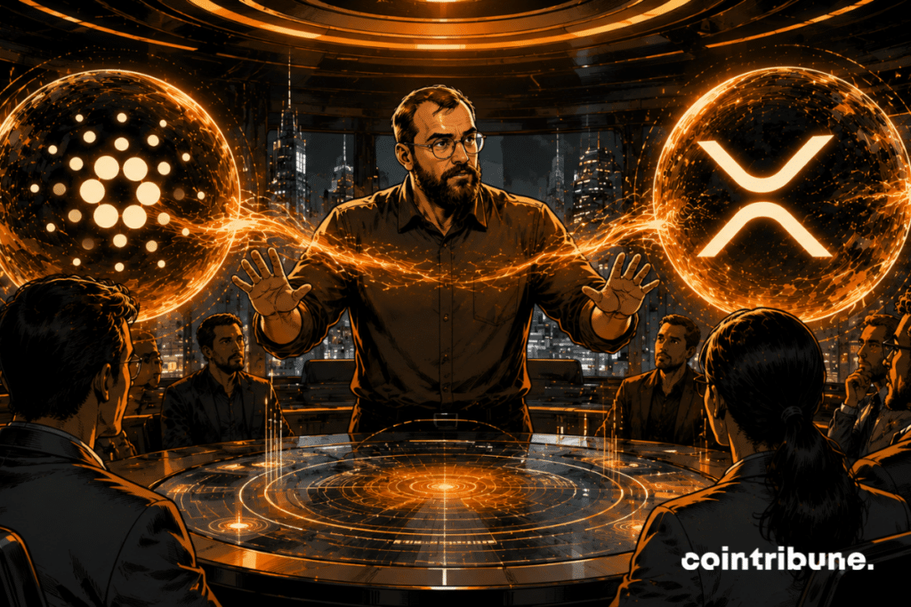 Dans une salle de conférence crypto futuriste, une figure inspirée de Charles Hoskinson fait un geste d’apaisement devant plusieurs hologrammes crypto. Deux sphères énergétiques inspirées de Cardano et XRP cessent de s’affronter.