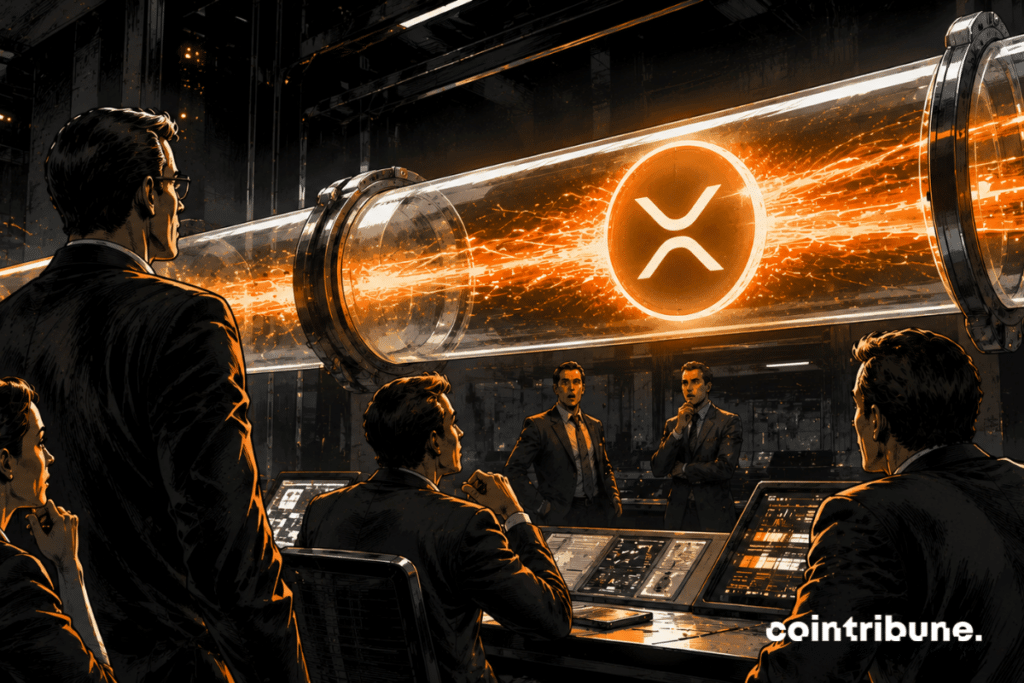 Dans une salle financière futuriste, des analystes observent un immense tube transparent. Un flux lumineux orange recommence à circuler dans le tube, ce qui symbolise le retour des capitaux dans les ETF XRP.