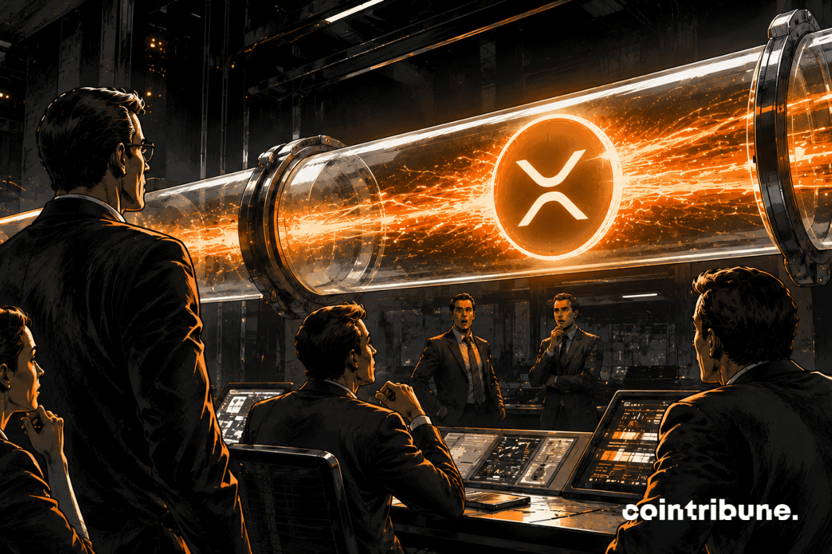 In a futuristic financial trading room, analysts observe a massive transparent tube. A glowing orange flow begins circulating through the tube again, symbolizing the return of capital into XRP ETFs.