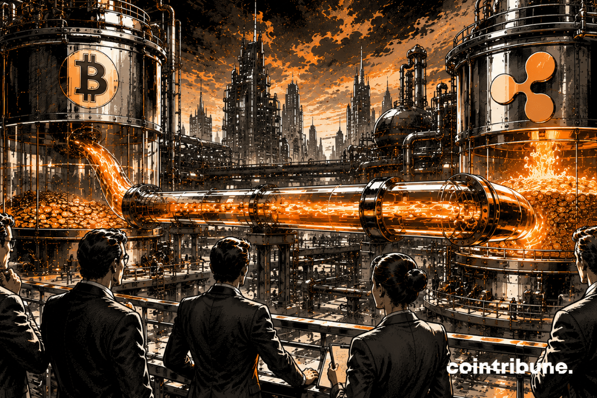 Dans un immense complexe financier industriel, un gigantesque réservoir métallique se vide progressivement à gauche. À droite, un autre réservoir reçoit un flux lumineux croissant, ce qui symbolise les entrées de capitaux dans les ETF XRP.